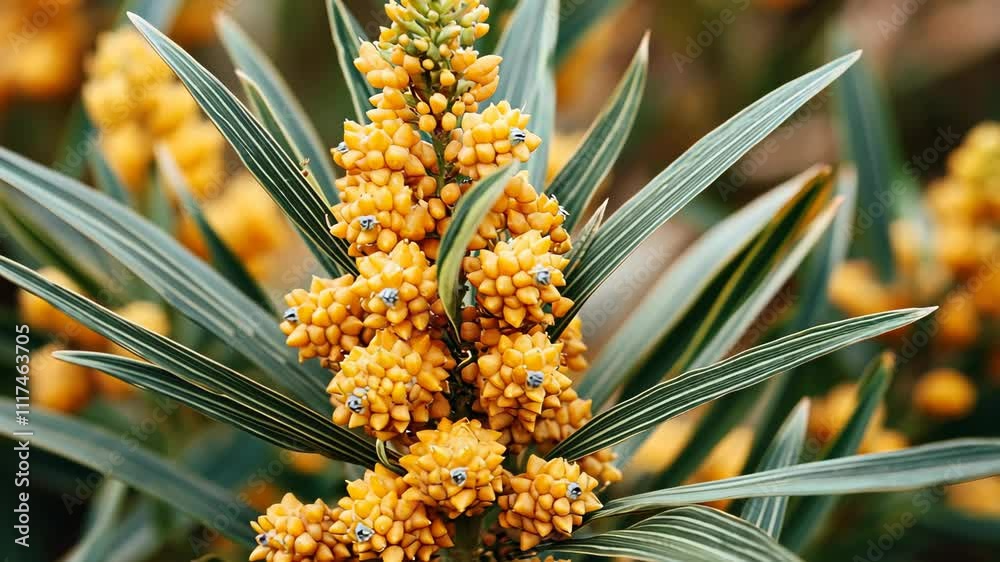 Bright yellow flowers bloom on a tropical plant in a lush green environment during sunny weather