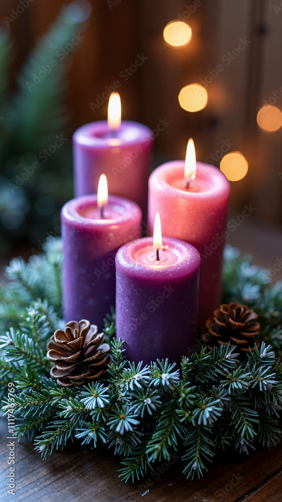 Elegant Advent Wreath with Purple and Pink Candles: Perfect for Holiday Marketing and Religious Publications Elegant Advent Wreath with Purple and Pink Candles: Perfect for Holiday Marketing and Religious Publications