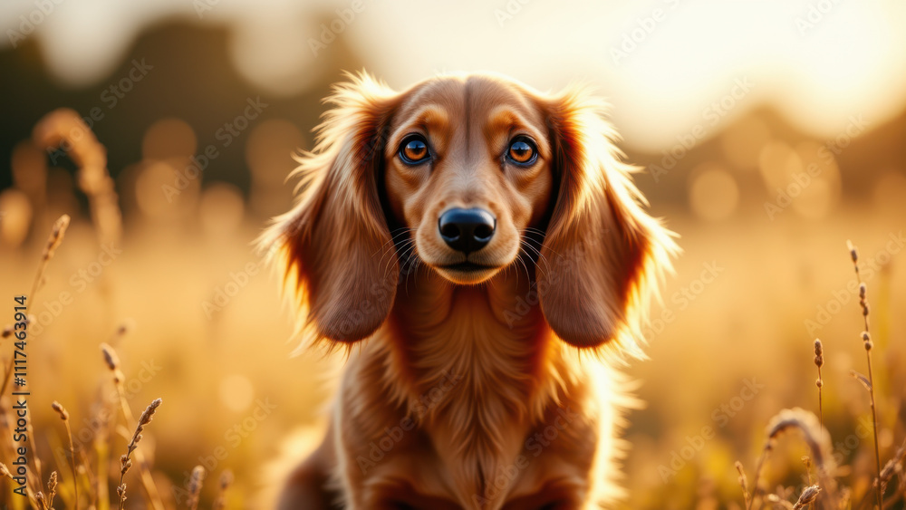 A close-up photo of a long-haired dachshund's face against an out-of-focus grassy background. The dog is looking directly at the camera with a soft expression. A close-up photo of a long-haired dachshund's face against an out-of-focus grassy background. The dog is looking directly at the camera with a soft expression.