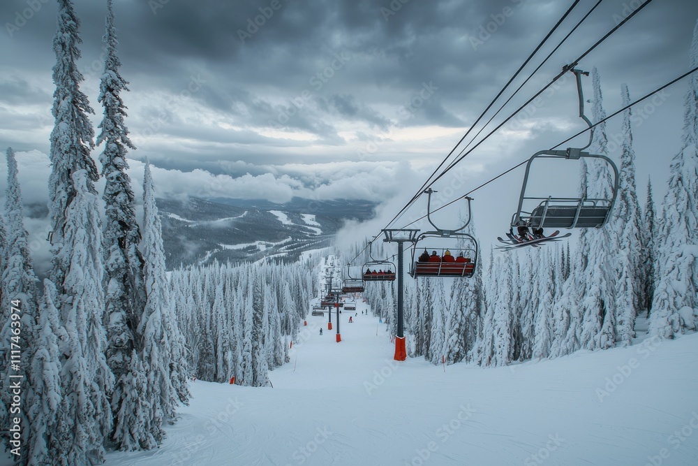 A snowy ski resort with chairlifts amidst tall, frost-covered trees under a cloudy sky. A snowy ski resort with chairlifts amidst tall, frost-covered trees under a cloudy sky.