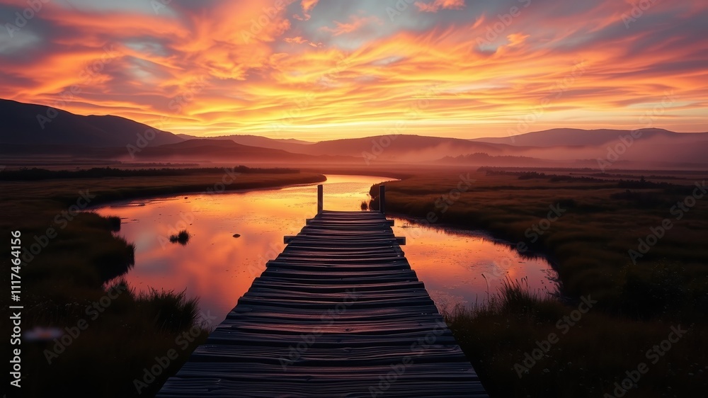 A wooden walkway leads towards a fiery sunrise over a misty valley, creating a picturesque scene of natural beauty. A wooden walkway leads towards a fiery sunrise over a misty valley, creating a picturesque scene of natural beauty.