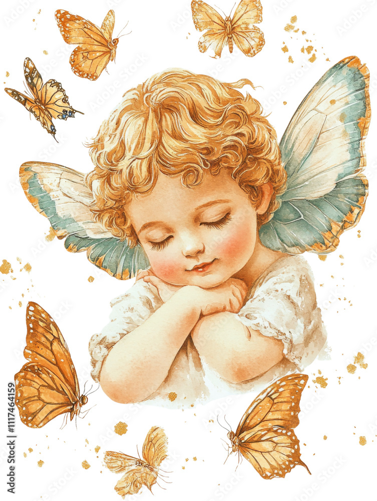 Fototapeta premium Charming Vintage Angelic Child with Wings Resting on a Cloud in Serene Dreamlike Setting