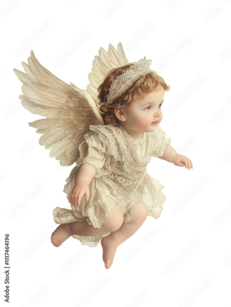 Fototapeta premium Adorable Cherubic Angel with Wings in Vintage Lace Outfit Floating Gracefully Against a Soft Background
