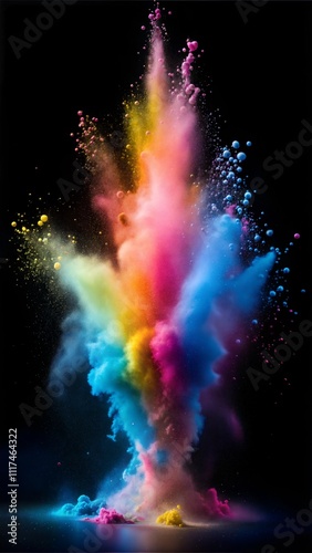 effect of colorful powder exploded from the ground with black background