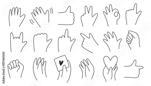 Doodle hand gesture set. Different gestures okay, thumb up, peace, pointing, love, waving hand. Hand drawn Vector illustration.