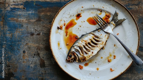 A dirty dish with fishbones, sauce smears, and a fork lying diagonally across the plate photo