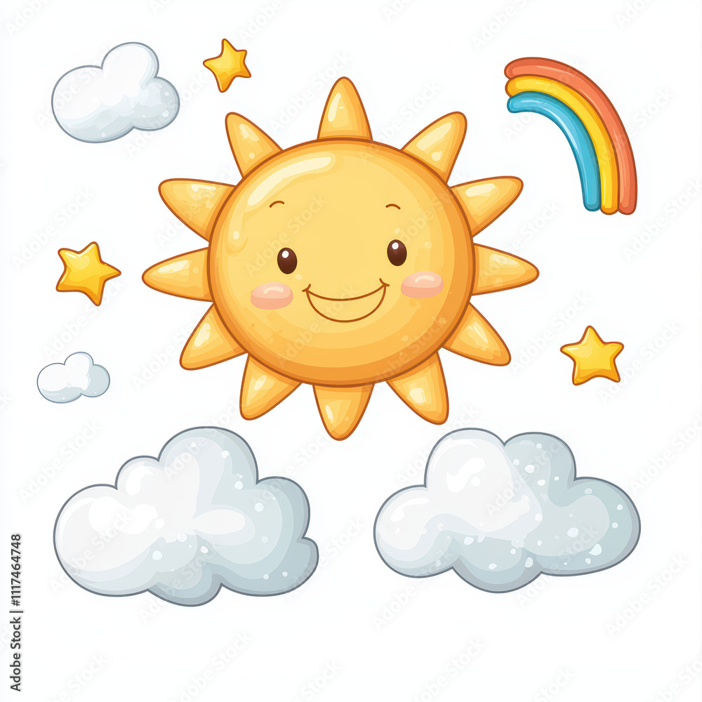 Happy sun with smiling face, colorful rainbow, fluffy clouds, and stars Happy sun with smiling face, colorful rainbow, fluffy clouds, and stars