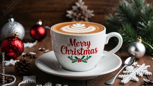 A steaming cup of rich espresso, paired with a plate of festive Christmas cookies, awaits on a cozy wooden table-Generated AI