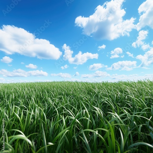 Lush Green Grass Field Under Bright Blue Sky with Fluffy White Clouds