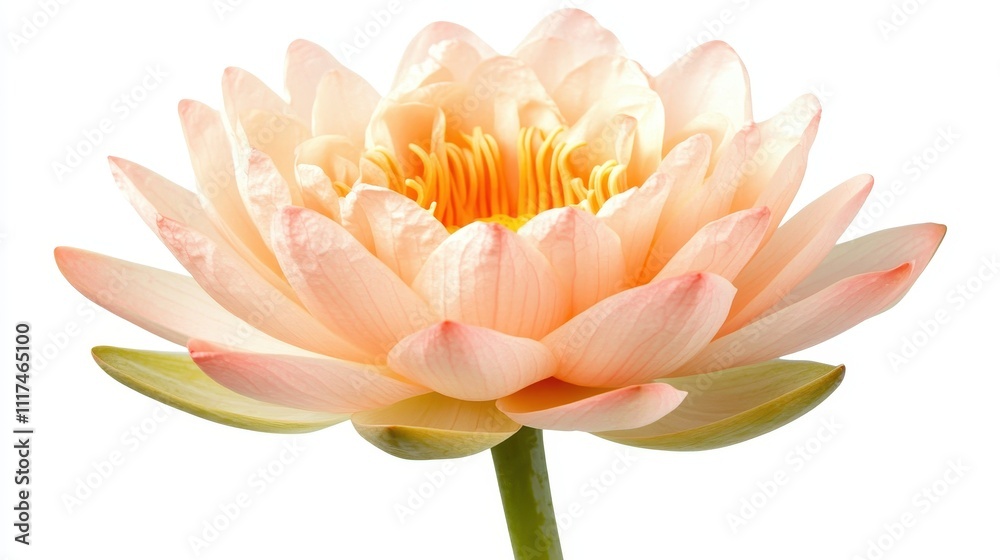 Fototapeta premium Close-up of a delicate, peach-colored lotus flower, petals gently curving outward, showcasing a vibrant orange center.