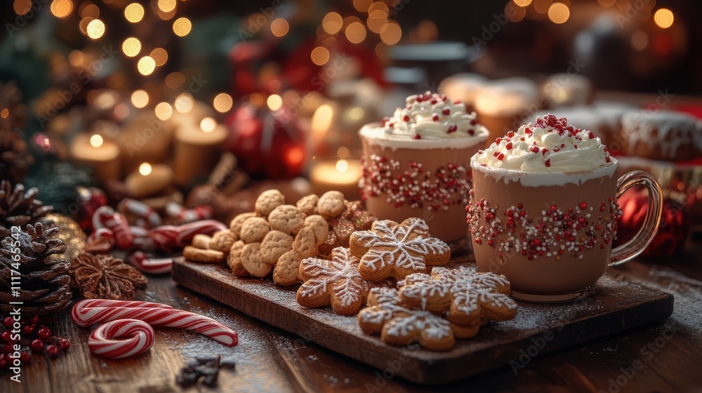 Festive hot chocolate with Christmas cookies and decorations.