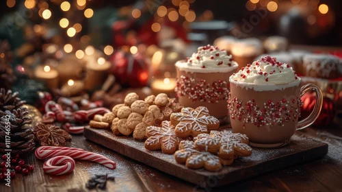 Fototapeta Festive hot chocolate with Christmas cookies and decorations.