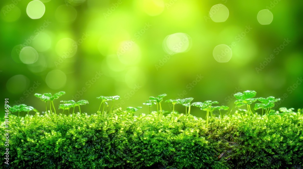 Lush Green Moss with Tiny Plants Spring Nature Background Lush Green Moss with Tiny Plants Spring Nature Background