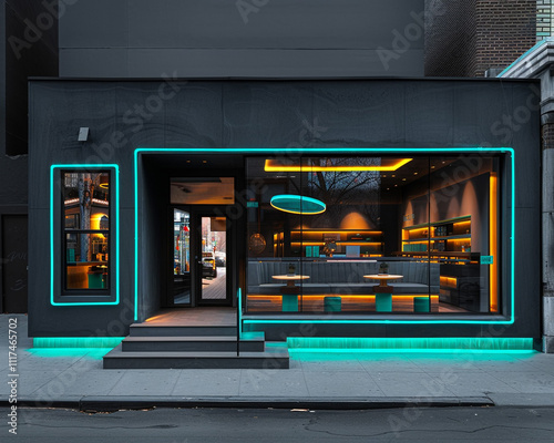 Contemporary boutique featuring a charcoal exterior with vivid neon teal lighting. The modern design elements stand out sharply in the high-definition urban backdrop
