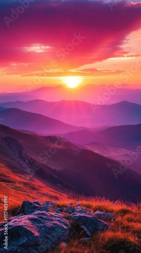 A vibrant sunset over rolling mountains, showcasing nature's beauty.