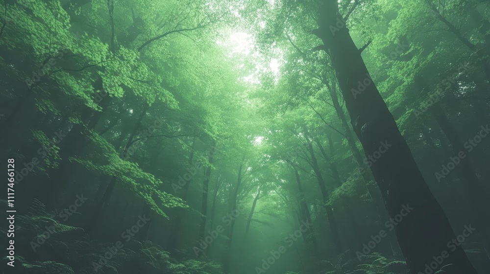 Obraz premium Mystical Foggy Forest Path Lush Green Trees Nature Scene