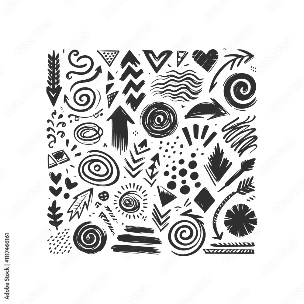 Obraz premium Arrow line hand drawn Grunge square, spiral, arrow element scribble line brush Set Vector Design Illustration