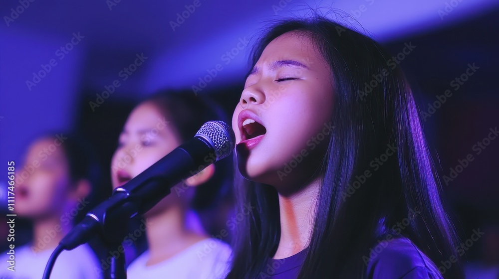 Close-up of a girl singing into a microphone with a choir in the background. Close-up of a girl singing into a microphone with a choir in the background.