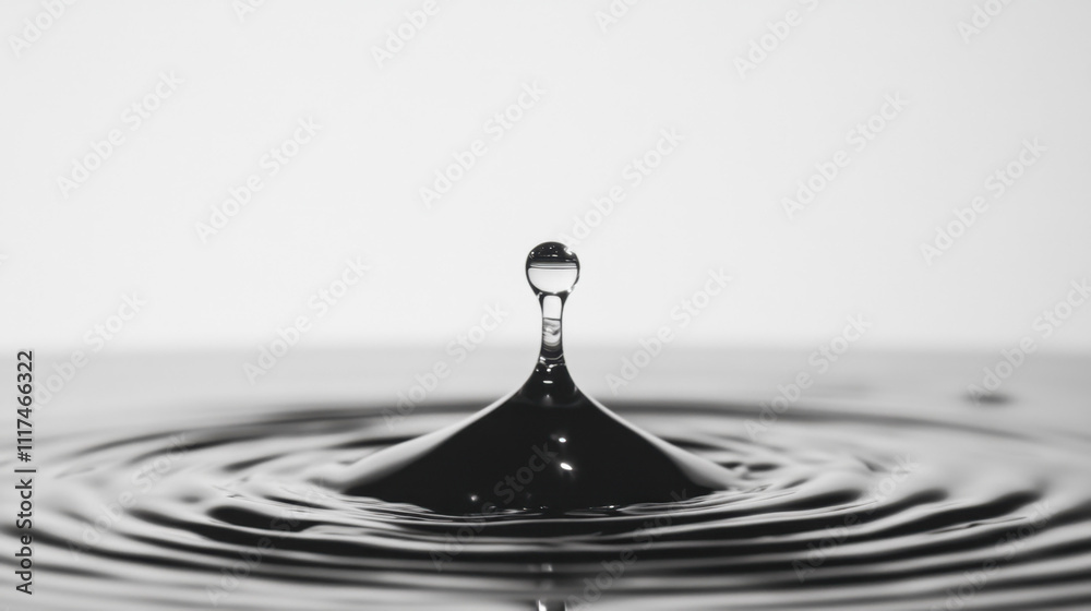 A mesmerizing close-up of a water droplet perfectly captured midair, creating ripples on a calm, reflective black surface under soft lighting. A mesmerizing close-up of a water droplet perfectly captured midair, creating ripples on a calm, reflective black surface under soft lighting.
