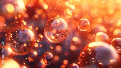 Ethereal and mesmerizing background with shimmering iridescent bubbles and spheres floating in a hazy glowing environment filled with bokeh lights and a vibrant prismatic color gradient