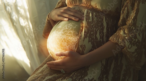 Fototapeta Naklejka Na Ścianę i Meble -  Pregnant woman holding glowing earth in her belly symbolizing future of planet