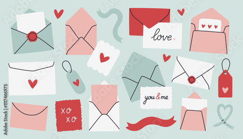 Valentines day envelope set. Romantic open and close envelopes with postcards, letters, hearts and text. Vector flat illustration photo