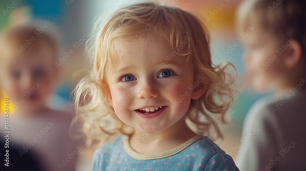 Portrait of smiling blond toddler girl playing with other children Portrait of smiling blond toddler girl playing with other children