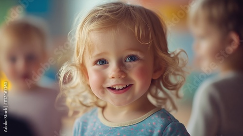 Portrait of smiling blond toddler girl playing with other children