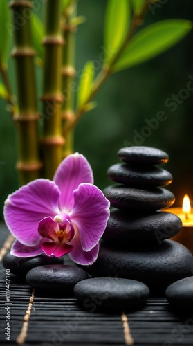 Smooth black basalt stones stacked in a pyramid formation on a dark bamboo mat. Next to the stones, position a vibrant orchid flowers.