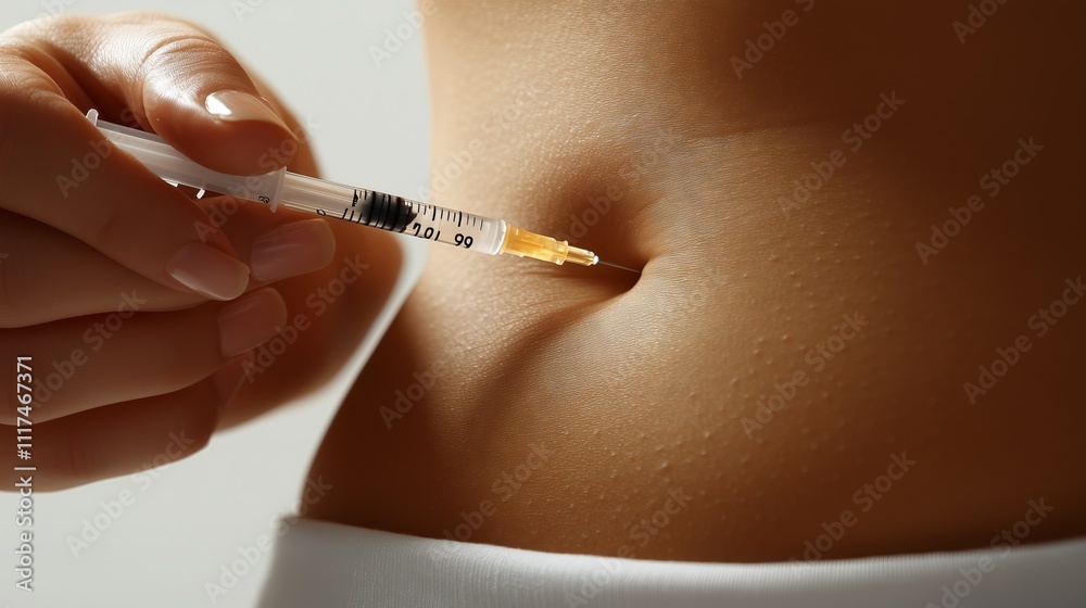 Doctor injecting medicine into female patient abdomen with syringe