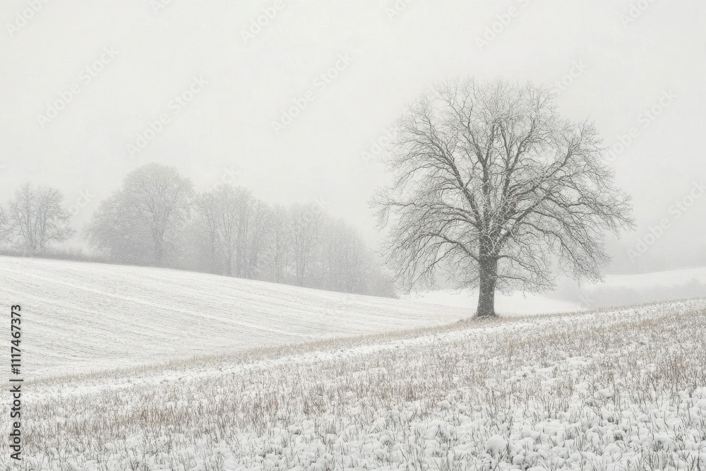 Obraz premium A solitary tree in a snowy landscape under a foggy sky.