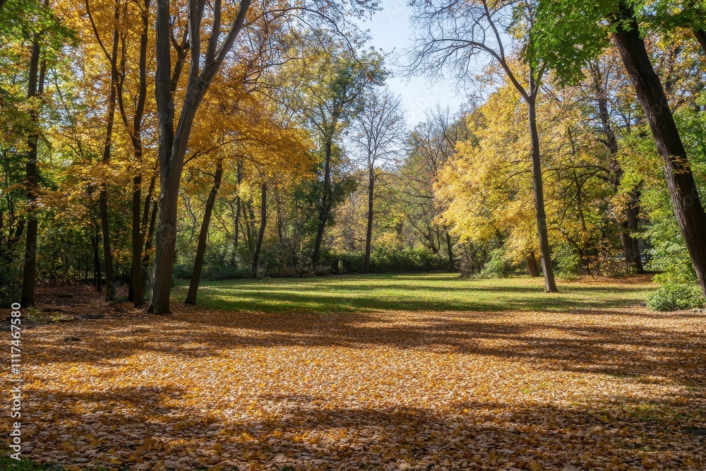 Naklejka premium A serene autumn landscape with vibrant foliage and a grassy area.