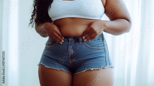 Woman pinching belly fat wearing denim shorts and white underwear top photo