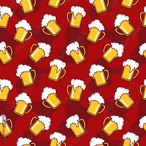 Seamless pattern of beer mugs with frothy foam on a red background, perfect for festive and celebratory designs, bar and pub themes, or Oktoberfest decorations