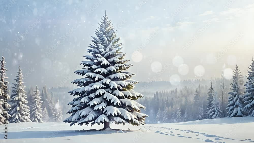 Majestic snow-covered pine tree in a tranquil winter forest with snowfall. seamless looping time-lapse 4K video background Majestic snow-covered pine tree in a tranquil winter forest with snowfall. seamless looping time-lapse 4K video background