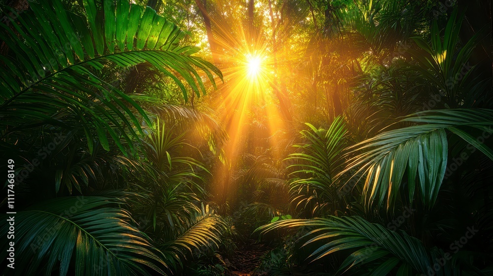 Sunbeams in Lush Tropical Rainforest Jungle Nature Background