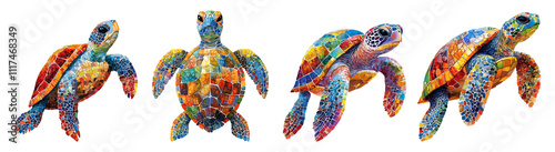 Colorful Mosaic Turtles on Transparent Background photo