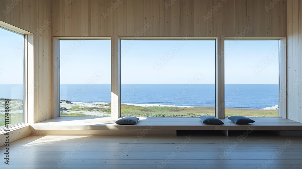 Fototapeta premium Minimalist interior with large windows and ocean view 
