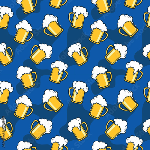 Seamless pattern of frothy beer mugs on a blue background, perfect for Oktoberfest celebrations, pub decorations, and festive party designs