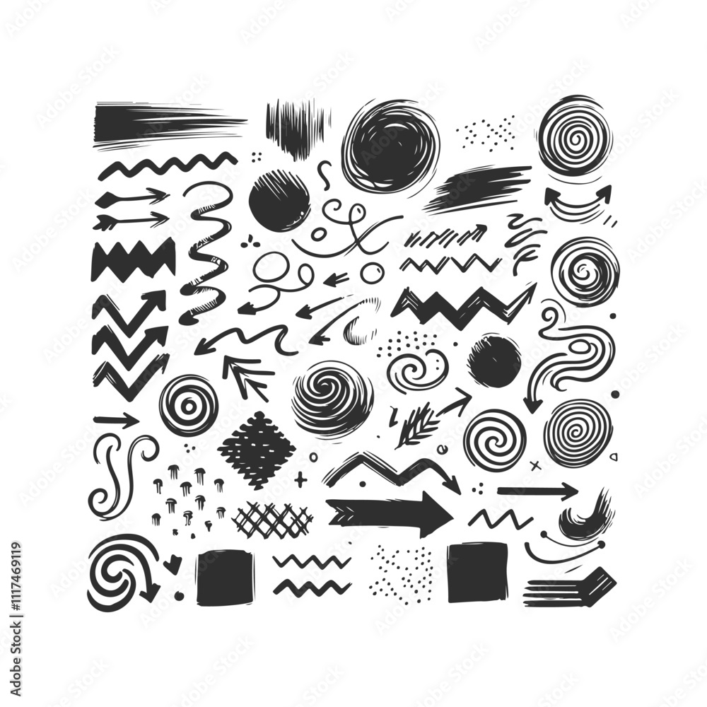 Obraz premium Arrow line hand drawn Grunge square, spiral, arrow element scribble line brush Set Vector Design Illustration