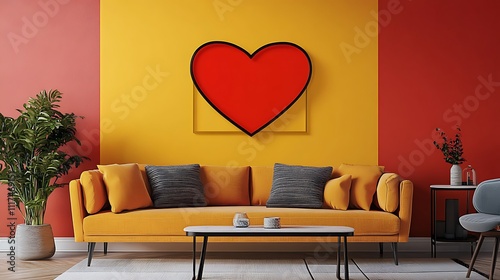 Love heart frame mockup in a colorful living room, modern minimalist furniture