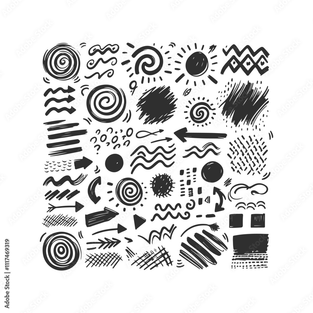 Arrow line hand drawn Grunge square, spiral, arrow element scribble line brush Set Vector Design Illustration