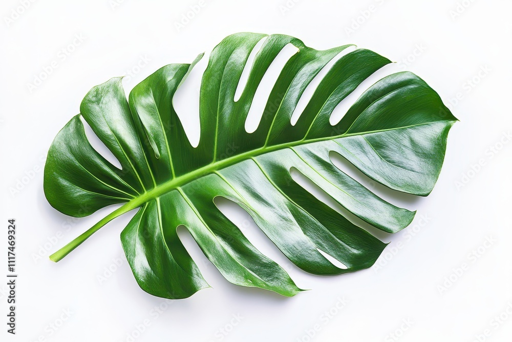 A large, vibrant green monstera leaf displayed on a white background. A large, vibrant green monstera leaf displayed on a white background.