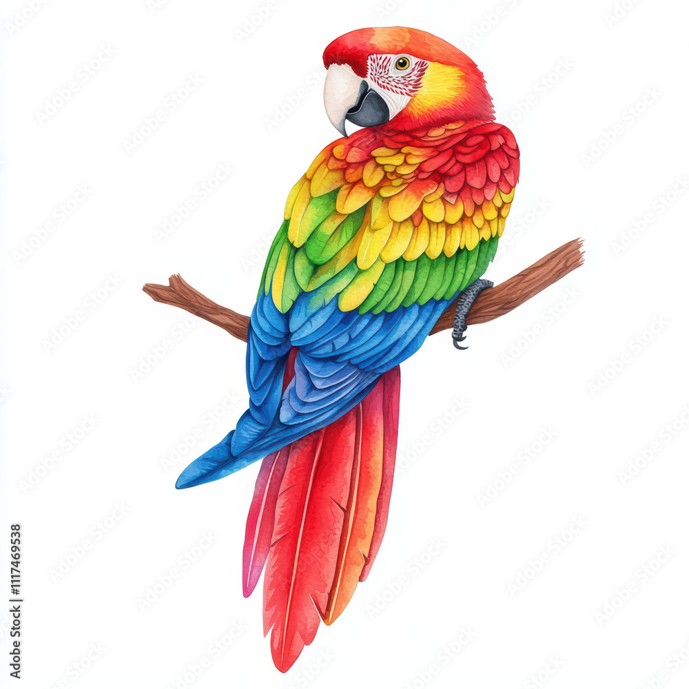 Colorful parrot perched on branch, showcasing vibrant feathers and intricate details. This watercolor captures beauty of nature Colorful parrot perched on branch, showcasing vibrant feathers and intricate details. This watercolor captures beauty of nature