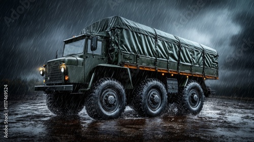 Military truck navigating through heavy rain in a rugged terrain under dark stormy skies photo