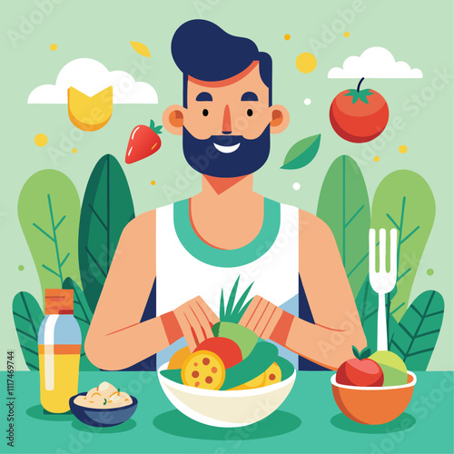 man healthy eating diet vegetarian vector illustration graphic design art