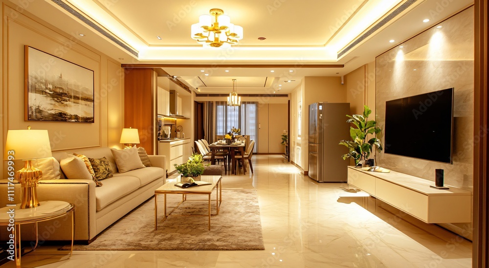 Fototapeta premium Simple and elegant Chinese-style interior design with warm yellow tones, creating a harmonious and tranquil atmosphere for a cozy and inviting living space, blending traditional elements with modern c