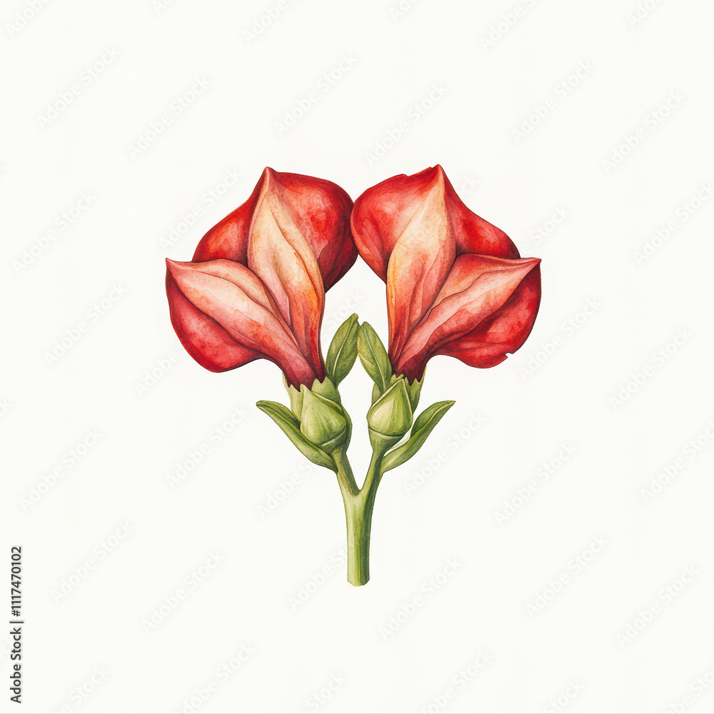 Obraz premium Beautiful watercolor of red snapdragon flowers with green leaves