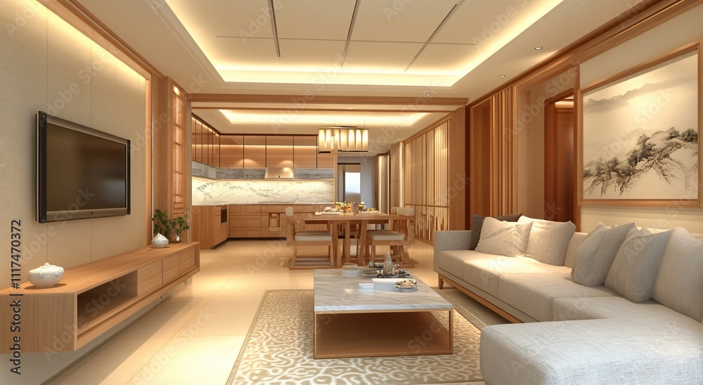 Simple and elegant Chinese-style interior design with warm yellow tones, creating a harmonious and tranquil atmosphere for a cozy and inviting living space, blending traditional elements with modern c Simple and elegant Chinese-style interior design with warm yellow tones, creating a harmonious and tranquil atmosphere for a cozy and inviting living space, blending traditional elements with modern c