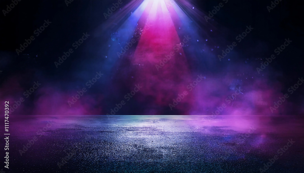 Naklejka premium Neon Spotlight on Smoky Asphalt - Futuristic Studio Background